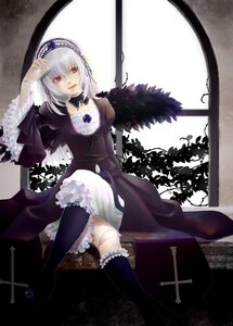 Rating: Safe Score: 0 Tags: 1girl black_wings boots dress flower frills hairband image knee_boots kneehighs long_sleeves looking_at_viewer pink_eyes red_eyes rose silver_hair sitting solo suigintou wings User: admin