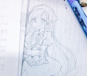 Rating: Safe Score: 0 Tags: 1girl auto_tagged blush dress graphite_(medium) image long_hair long_sleeves monochrome photo solo suiseiseki traditional_media very_long_hair User: admin