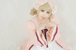 Rating: Safe Score: 0 Tags: 1girl bangs blonde_hair blue_eyes bonnet dress eyelashes frills hinaichigo lips long_sleeves looking_at_viewer own_hands_together simple_background solo striped upper_body vertical_stripes User: admin
