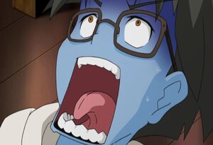 Rating: Safe Score: 0 Tags: 1girl black-framed_eyewear black_hair close-up face glasses human open_mouth sakurada_jun screenshot sharp_teeth solo sweat teeth User: admin