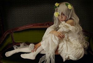 Rating: Safe Score: 0 Tags: 1girl barefoot dress flower food hair_flower hair_ornament kirakishou lips long_hair sitting solo white_dress User: admin