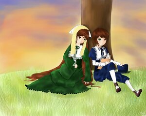 Rating: Safe Score: 0 Tags: 2girls blue_dress brown_hair dress frills full_body green_dress green_eyes head_scarf heterochromia image long_hair long_sleeves looking_at_viewer multiple_girls pair red_eyes shoes siblings sisters sitting souseiseki suiseiseki twins very_long_hair white_legwear User: admin