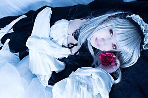 Rating: Safe Score: 0 Tags: 1girl bangs blunt_bangs dress flower gothic_lolita hairband holding lips lolita_fashion long_hair long_sleeves pale_skin purple_eyes red_flower red_rose rose solo suigintou traditional_media User: admin