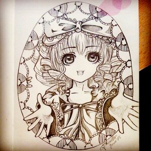 Rating: Safe Score: 0 Tags: 1girl artist_name dated drill_hair eyebrows_visible_through_hair frills graphite_(medium) hinaichigo image looking_at_viewer monochrome open_mouth ribbon shikishi signature smile solo traditional_media upper_body User: admin