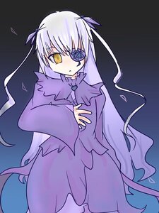 Rating: Safe Score: 0 Tags: 1girl barasuishou cowboy_shot dress expressionless eyepatch flower frills image long_hair long_sleeves looking_at_viewer purple_dress ribbon silver_hair solo standing very_long_hair yellow_eyes User: admin