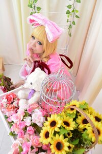 Rating: Safe Score: 0 Tags: 1girl basket blonde_hair blue_eyes dress flower hinaichigo pink_dress plant rose solo sunflower yellow_flower User: admin