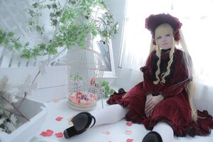 Rating: Safe Score: 0 Tags: 1girl bangs birdcage blonde_hair blue_eyes bonnet cage dress flower hat lolita_fashion long_hair petals red_dress rose shinku shoes sitting solo User: admin
