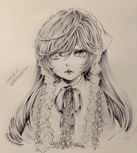 Rating: Safe Score: 0 Tags: 1girl artist_name bangs dated eyelashes graphite_(medium) image lips long_hair looking_at_viewer monochrome photo signature solo suiseiseki swept_bangs traditional_media upper_body User: admin