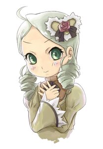 Rating: Safe Score: 0 Tags: 1girl ahoge blush drill_hair flower green_eyes hat image kanaria long_sleeves looking_at_viewer pink_rose rose simple_background solo striped twin_drills upper_body vertical_stripes white_background User: admin