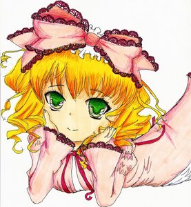 Rating: Safe Score: 0 Tags: 1girl bangs blonde_hair chin_rest eyebrows_visible_through_hair frills green_eyes hand_on_own_cheek hina_ichigo hinaichigo image long_sleeves looking_at_viewer lying ribbon short_hair simple_background solo upper_body white_background User: admin