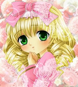 Rating: Safe Score: 0 Tags: 1girl blonde_hair blush bow drill_hair frills green_eyes heart hina_ichigo hinaichigo image long_sleeves looking_at_viewer lying pink_bow ringlets solo sparkle twin_drills upper_body User: admin
