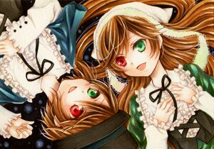 Rating: Safe Score: 0 Tags: 2girls :d black_ribbon brown_hair dress frills green_dress green_eyes hat head_scarf heterochromia image long_hair long_sleeves looking_at_viewer multiple_girls open_mouth pair red_eyes ribbon short_hair siblings sisters smile souseiseki suiseiseki traditional_media twins User: admin