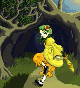 Rating: Safe Score: 0 Tags: 1girl braid dress flower full_body grass green_eyes green_hair hair_flower hair_ornament image kanaria long_hair long_sleeves shoes smile solo tree yellow_dress User: admin