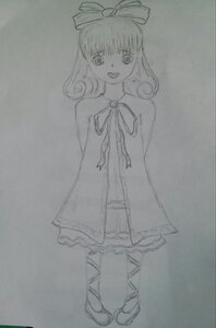 Rating: Safe Score: 0 Tags: 1girl bow dress front_ponytail full_body greyscale hinaichigo image kagiyama_hina long_hair looking_at_viewer monochrome open_mouth photo ribbon sketch smile solo standing traditional_media User: admin