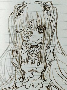 Rating: Safe Score: 0 Tags: 1girl dress flower frills hair_flower hair_ornament image kirakishou long_hair looking_at_viewer monochrome rose sketch smile solo suigintou User: admin