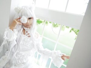 Rating: Safe Score: 0 Tags: 1girl animal_ears dress flower hair_over_one_eye indoors kirakishou lips long_sleeves looking_at_viewer sitting smile solo white_dress white_hair white_theme window User: admin