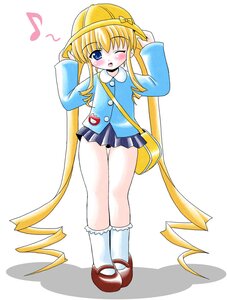 Rating: Safe Score: 0 Tags: 1girl blonde_hair blue_eyes blush eighth_note hat image kindergarten_uniform long_hair long_sleeves mary_janes musical_note one_eye_closed school_hat shinku shoes skirt socks solo standing underwear very_long_hair User: admin