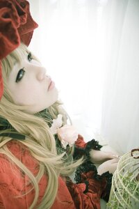 Rating: Safe Score: 0 Tags: 1girl bangs blonde_hair blue_eyes closed_mouth doll_joints dress eyelashes flower joints lace lips long_hair profile red_dress shinku solo User: admin