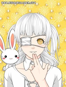 Rating: Safe Score: 0 Tags: 1girl bangs blush bunny eyepatch image kirakishou long_hair looking_at_viewer shirt smile solo stuffed_animal stuffed_bunny twintails upper_body white_shirt yellow_background User: admin