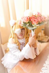 Rating: Safe Score: 0 Tags: 1girl artist_name blonde_hair blurry bouquet depth_of_field dress flower kirakishou lips long_hair photo realistic rose signature solo User: admin