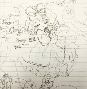 Rating: Safe Score: 0 Tags: 1girl bow closed_eyes frills hair_bow hair_ribbon heart hinaichigo image long_sleeves monochrome ribbon sketch solo string User: admin