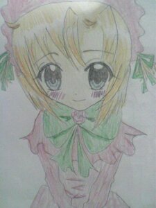 Rating: Safe Score: 0 Tags: 1girl blonde_hair blush brown_eyes closed_mouth dress image long_sleeves looking_at_viewer shinku simple_background smile solo traditional_media upper_body User: admin