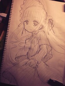 Rating: Safe Score: 0 Tags: 1girl auto_tagged bangs blush bonnet closed_mouth dress eyebrows_visible_through_hair frills image lolita_fashion long_hair long_sleeves looking_at_viewer monochrome photo shinku smile solo traditional_media twintails very_long_hair User: admin