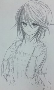 Rating: Safe Score: 0 Tags: 1girl closed_mouth collarbone dress frills greyscale hair_between_eyes hand_on_own_chest image long_sleeves looking_at_viewer m1umr monochrome short_hair sketch solo souseiseki traditional_media upper_body User: admin