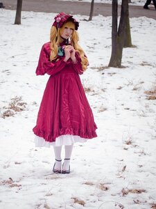 Rating: Safe Score: 0 Tags: 1girl blonde_hair dress flower full_body long_hair long_sleeves red_dress shinku shoes snow solo standing winter User: admin
