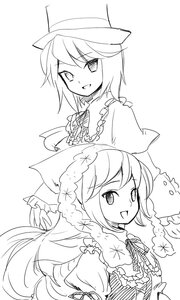 Rating: Safe Score: 0 Tags: 2girls :d greyscale hat image long_hair looking_at_viewer monochrome multiple_girls open_mouth pair short_hair sketch smile souseiseki suiseiseki User: admin