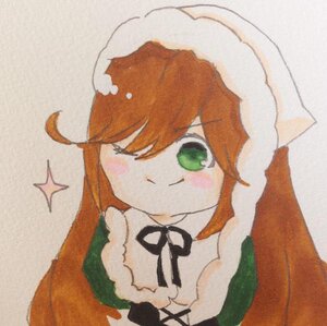 Rating: Safe Score: 0 Tags: 1girl bangs braid dress green_eyes image long_hair neck_ribbon one_eye_closed ribbon simple_background solo sparkle suiseiseki upper_body User: admin