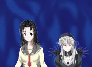 Rating: Safe Score: 0 Tags: 2girls black_hair black_wings collarbone dress hairband image kakizaki_megu long_hair long_sleeves looking_at_viewer multiple_girls night school_uniform silver_hair sky smile solo suigintou wings User: admin