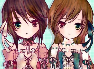 Rating: Safe Score: 0 Tags: 2girls :o black_ribbon brown_hair dress green_eyes heterochromia image long_hair looking_at_viewer multiple_girls pair red_eyes ribbon short_hair siblings sisters souseiseki suiseiseki twins User: admin