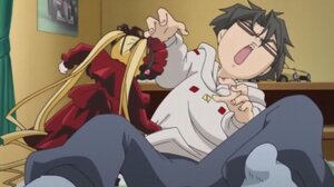 Rating: Safe Score: 0 Tags: 1boy 1girl black_hair blonde_hair blurry blurry_foreground bonnet closed_eyes depth_of_field dress glasses hood hoodie image long_hair long_sleeves open_mouth pants photo shinku sitting solo twintails User: admin