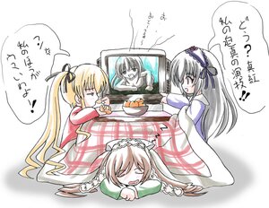 Rating: Safe Score: 0 Tags: 3girls blonde_hair closed_eyes food fruit hair_ribbon hairband image imai_kazunari kotatsu long_hair long_sleeves mandarin_orange md5_mismatch multiple multiple_girls pillow ribbon rozen_maiden shinku sleeping suigintou suiseiseki table tagme television translated twintails under_table very_long_hair User: admin