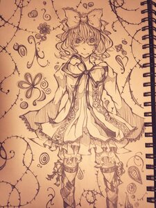 Rating: Safe Score: 0 Tags: 1girl bow dated dress front_ponytail hair_bow hair_ribbon hinaichigo image kagiyama_hina monochrome ribbon solo tears torn_clothes traditional_media User: admin