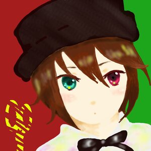 Rating: Safe Score: 0 Tags: 1girl bangs blush brown_hair character_name face hair_between_eyes hat image looking_at_viewer red_background short_hair simple_background solo souseiseki User: admin