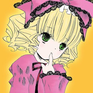 Rating: Safe Score: 0 Tags: 1girl blonde_hair blush bow covering_mouth dress drill_hair eyebrows_visible_through_hair finger_to_mouth green_eyes hand_to_own_mouth hina_ichigo hinaichigo image long_sleeves looking_at_viewer orange_background pink_bow simple_background solo upper_body yellow_background User: admin