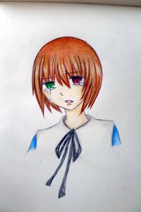 Rating: Safe Score: 0 Tags: 1girl blue_neckwear blue_ribbon green_eyes heterochromia image looking_at_viewer neck_ribbon red_eyes ribbon short_hair simple_background solo souseiseki traditional_media User: admin