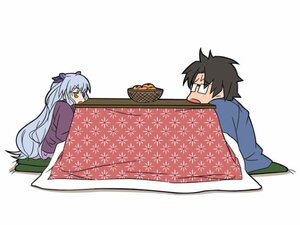 Rating: Safe Score: 0 Tags: 1boy 1girl barasuishou black_hair eyebrows_visible_through_hair food fruit glasses image kotatsu long_hair mandarin_orange silver_hair solo table under_kotatsu under_table white_background User: admin