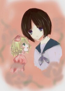 Rating: Safe Score: 0 Tags: 2girls black_hair blonde_hair blue_eyes blue_sailor_collar dress green_eyes hina_ichigo hinaichigo image kashiwaba_tomoe multiple_girls sailor_collar school_uniform serafuku short_hair short_sleeves simple_background solo upper_body User: admin
