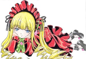 Rating: Safe Score: 0 Tags: 1girl bangs black_footwear blonde_hair blue_eyes bonnet bow bowtie chin_rest closed_mouth dress drill_hair flower frills full_body hands_on_own_cheeks hands_on_own_face image long_hair long_sleeves looking_at_viewer lying on_stomach red_dress shinku shoes solo traditional_media white_background User: admin