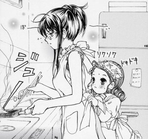 Rating: Safe Score: 0 Tags: 2girls apron blush cooking glasses greyscale hair_up image kanaria kitchen kusabue_mitsu monochrome multiple_girls pot solo User: admin