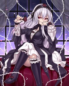 Rating: Safe Score: 0 Tags: 1girl auto_tagged black_footwear black_legwear boots breasts broken_glass cleavage commentary_request cross crossed_legs curtains dress flower frills gothic_lolita hairband hand_to_own_mouth holding houtengeki image knee_boots lolita_fashion lolita_hairband long_hair long_sleeves looking_at_viewer medium_breasts petals red_eyes red_flower red_rose rose rozen_maiden silver_hair sitting smile solo suigintou thighhighs thorns very_long_hair window wrist_cuffs User: admin