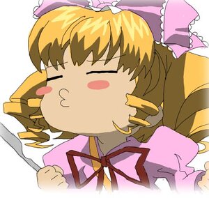 Rating: Safe Score: 0 Tags: 1girl blonde_hair blush_stickers bow closed_eyes dress drill_hair hat hinaichigo image ribbon simple_background solo white_background User: admin