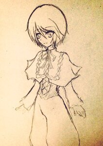 Rating: Safe Score: 0 Tags: 1girl blush bottomless capelet image long_sleeves looking_at_viewer monochrome short_hair smile solo souseiseki traditional_media User: admin