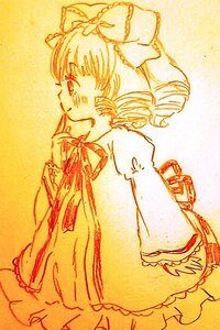 Rating: Safe Score: 0 Tags: 1girl bow dress drill_hair hinaichigo image juliet_sleeves long_sleeves monochrome puffy_sleeves solo traditional_media yellow_theme User: admin