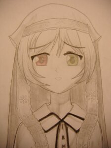 Rating: Safe Score: 0 Tags: 1girl bangs brown_background eyebrows_visible_through_hair frills image looking_at_viewer parted_lips ribbon sepia simple_background solo suiseiseki User: admin
