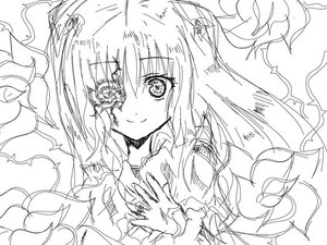 Rating: Safe Score: 0 Tags: 1girl blush closed_mouth eyebrows_visible_through_hair greyscale image kirakishou long_hair looking_at_viewer monochrome simple_background sketch smile solo torn_clothes upper_body User: admin