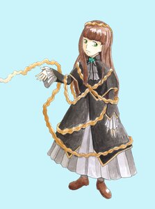 Rating: Safe Score: 0 Tags: 1girl bangs black_dress blue_background blunt_bangs bow brown_footwear brown_hair chain dress enju_maiden full_body green_eyes kokuyouseki long_hair long_sleeves simple_background solo standing striped very_long_hair User: admin